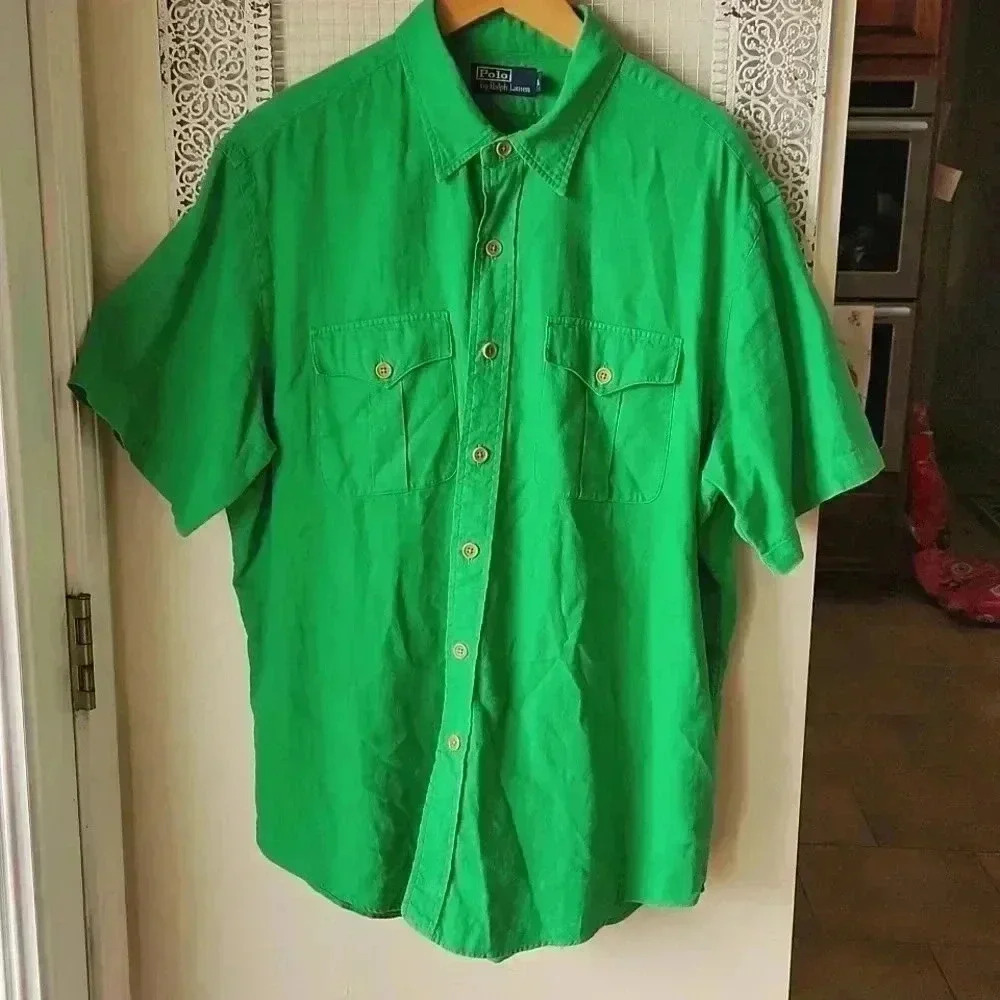 Vtg Polo Ralph Lauren linen blend‎ short sleeve shirt Kelly Green Sz L